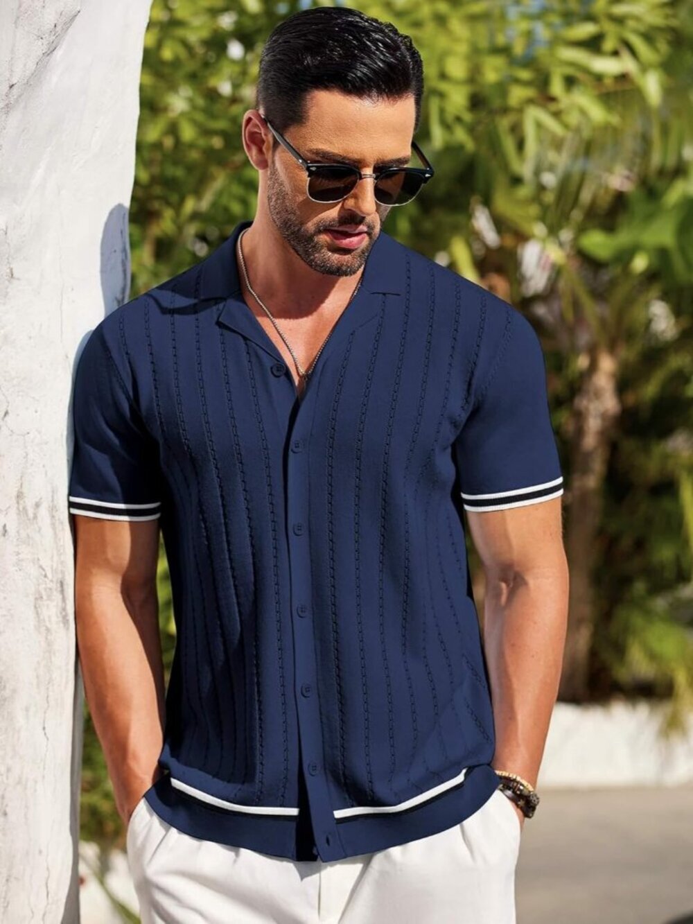 Men's Navy Blue Short Sleeve Knit Casual Button Down Vintage Striped Top Shirt - Picture 2 of 5
